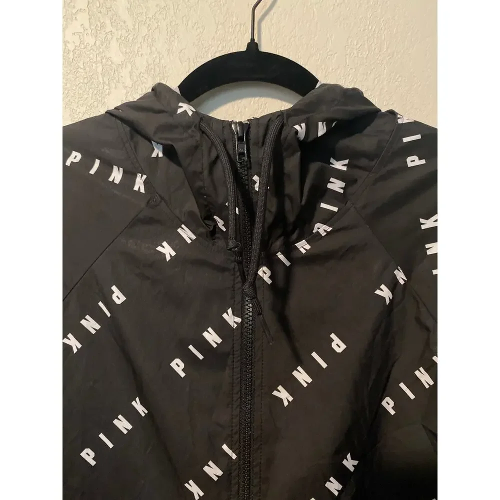 PINK Black Windbreaker with White Logo Size XS - Picture 2 of 6